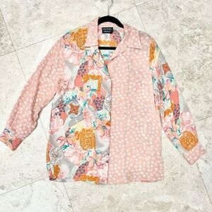 KOOS OF COURSE Pink floral 100% Silk Button Down Blouse size medium